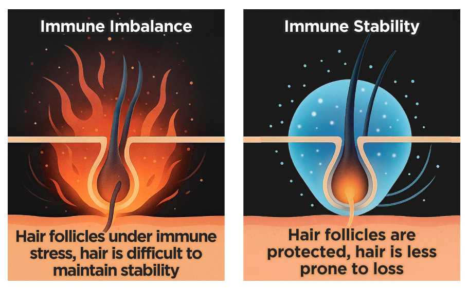 Immune imbalance attacks hair follicles, while a stable immune environment protects hair roots and helps improve immune-related hair loss.