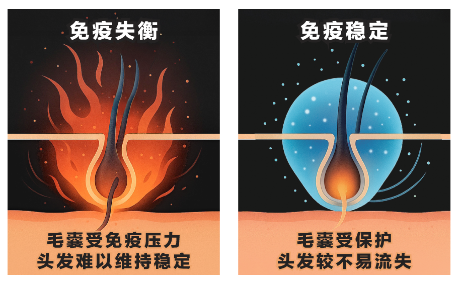 免疫失衡会攻击毛囊，稳定免疫环境能保护发根，改善免疫系统失调脱发。